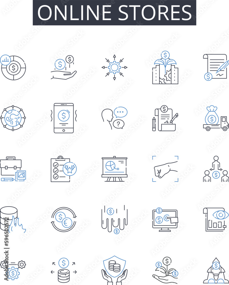 Online stores line icons collection. Web shops, Internet boutiques, Cybermarketplaces, Digital emporiums, E-commerce sites, Virtual retailers, Web-based markets vector and linear Generative AI