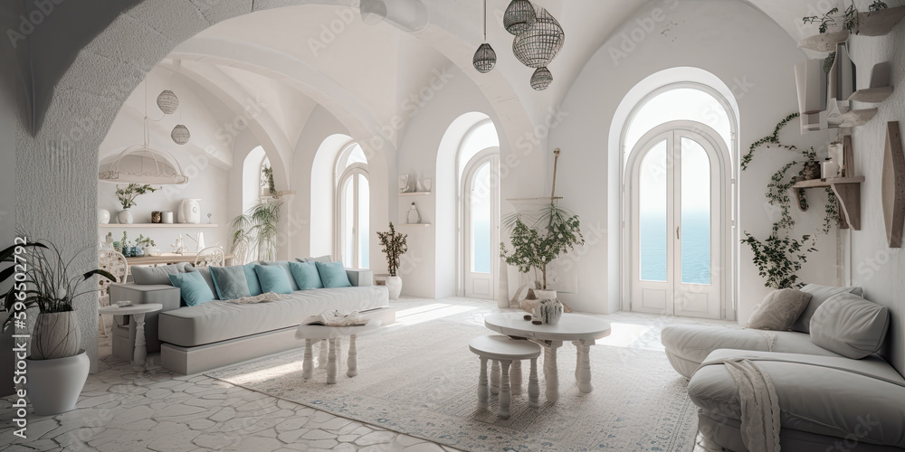 Light room with big windows. Mediterranean style. Generative AI