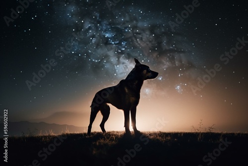 AI-generated silhouette of dog in night sky surrounded by fog and stars. Generative AI © Olivia