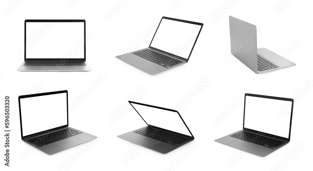 Collage with modern laptop isolated on white, different sides Collage with modern laptop isolated on white, different sides