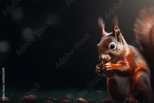 Banner featuring squirrel holding nuts with blank space for text. Generative AI