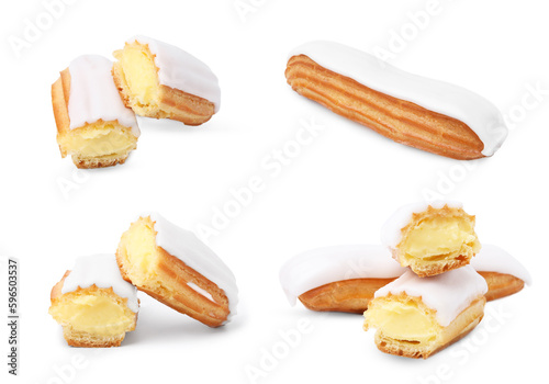 Collage with tasty glazed eclairs on white background