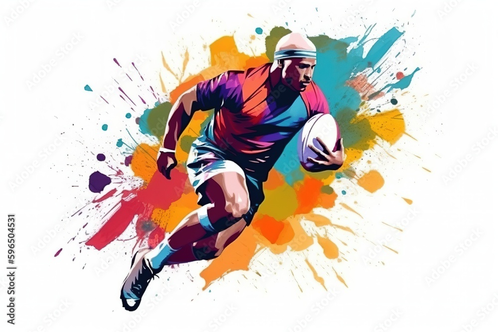 Colorful abstract illustration of professional rugby player over white background. Generative AI illustration