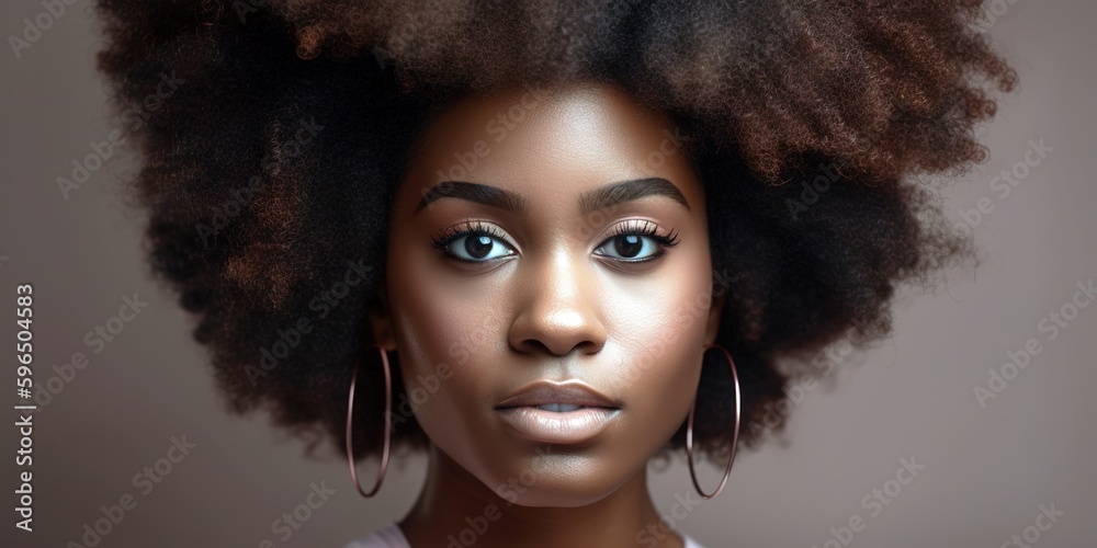 Fototapeta premium Young beautiful African American woman portrait with afro curly hair. Close up face shot. Generative AI