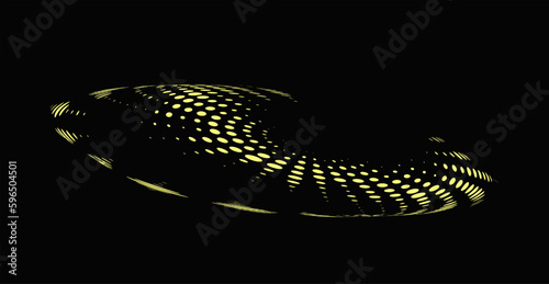 Spotted halftone golden frame in the shape of a rugby ball on a black background. Separate use. Space for copy text. Vector. photo