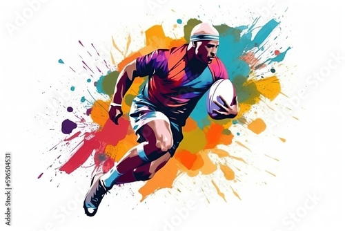 Colorful abstract illustration of professional rugby player over white background. Generative AI illustration