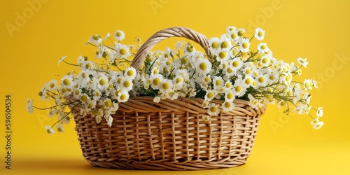 Chamomile flowers inside wicker basket over yellow studio background. Generative AI