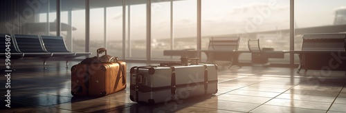 Suspicious luggage in airport hall. Generative AI photo