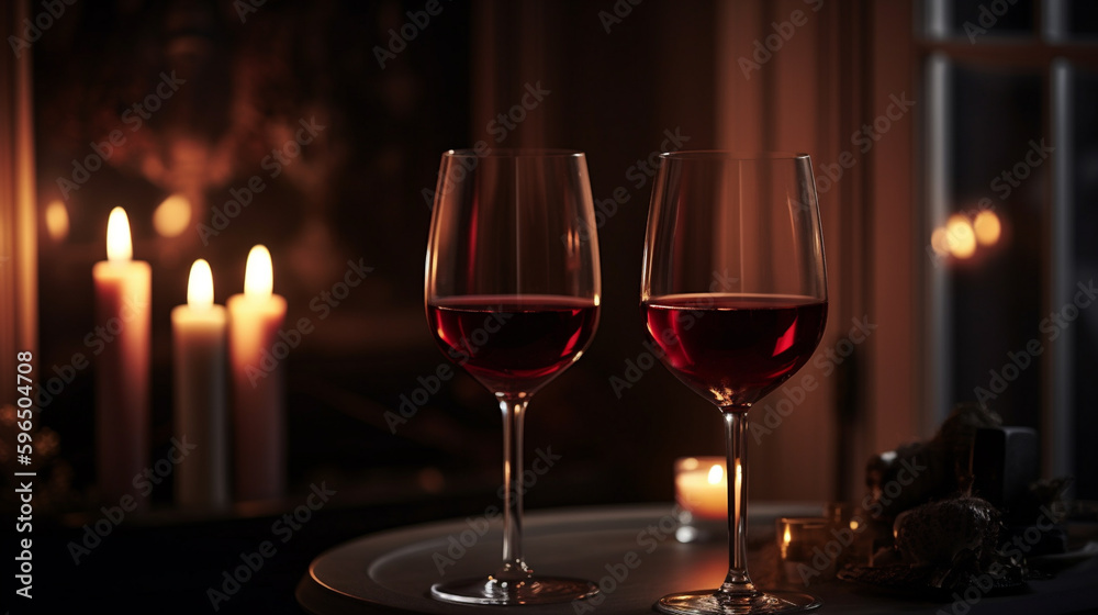 2 Glässer Rotwein bei romanischem Ambiente mit Kerzenschein. Generative Ai. 2 Glässer Rotwein bei romanischem Ambiente mit Kerzenschein. Generative Ai.