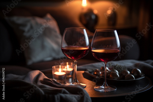2 Glässer Rotwein bei romanischem Ambiente mit Kerzenschein. Generative Ai.