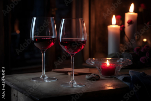 2 Glässer Rotwein bei romanischem Ambiente mit Kerzenschein. Generative Ai.