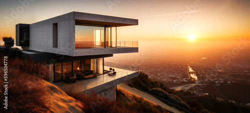 Beautiful modern luxurious house in the mountains of California with a beautiful sunset view of the ocean(generative ai) 