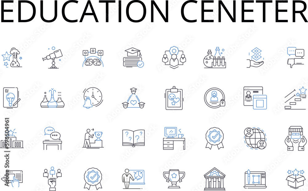 Education ceneter line icons collection. Learning hub, Training institute, Study center, Knowledge base, Skill academy, Intelligence center, Tutoring service vector and linear Generative AI