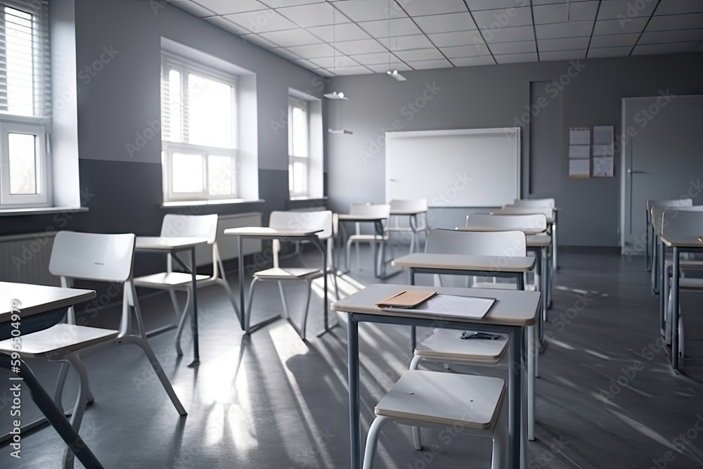 Empty classroom, Blurred school classroom without students with empty chairs and tables Empty classroom, Blurred school classroom without students with empty chairs and tables