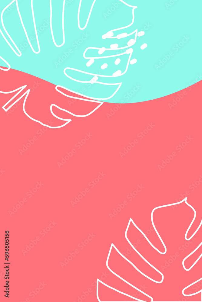 Summer bright abstract background for the banner. Vertical. With plants, palm leaves, dots. Design for phone wallpapers, posters. postcards. Vector illustration.