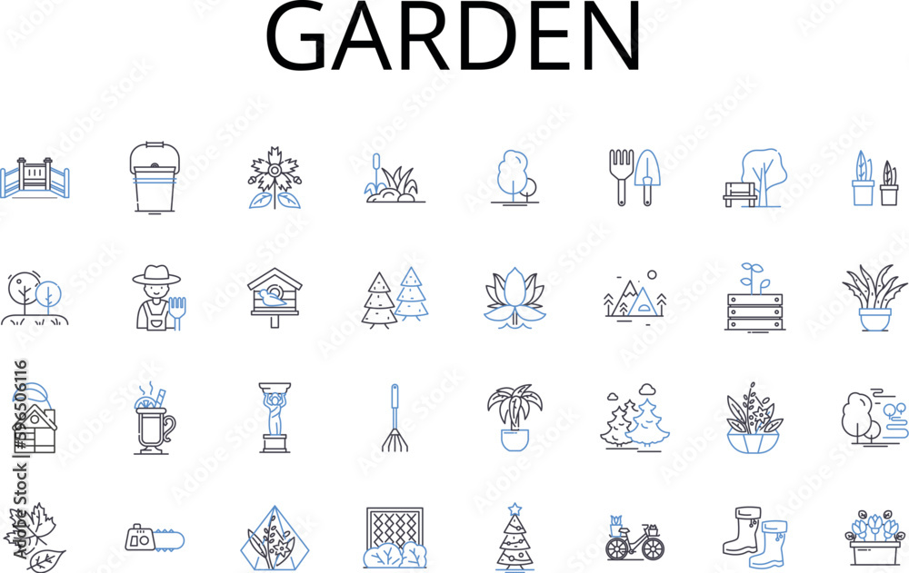 Garden line icons collection. Park, Lawn, Farm, Meadow, Orchard, Field, Botanical garden vector and linear illustration. Courtyard,Landscape,Green space outline signs set Generative AI