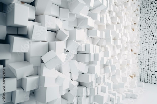A white wall made of interlocking 3D blocks in varying shapes and sizes. Generative AI