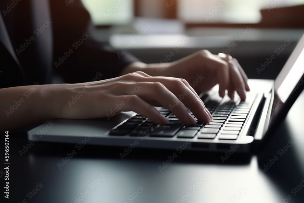 The image features a close-up view of a businesswoman's hand as she uses a laptop to perform financial calculations on her office desk. The image features a close-up view of a businesswoman's hand as she uses a laptop to perform financial calculations on her office desk.