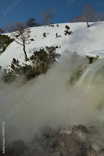 Russia. Kuril Islands. View of the baths of the thermal spring (Boiling river) near the volcano Baranovsky, the water temperature in which reaches 42 degrees. photo