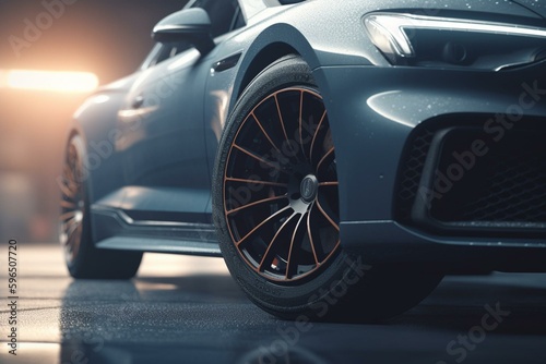 3D-rendered car wheels against uniform background with light haze. Generative AI