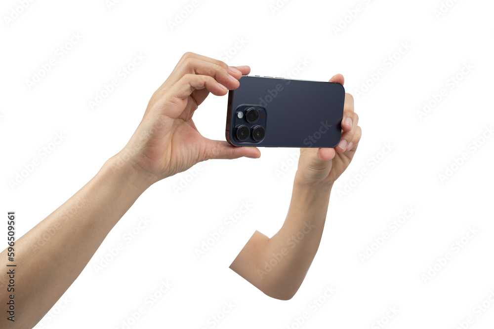 Smartphone in female hands taking photo isolated on white blackground