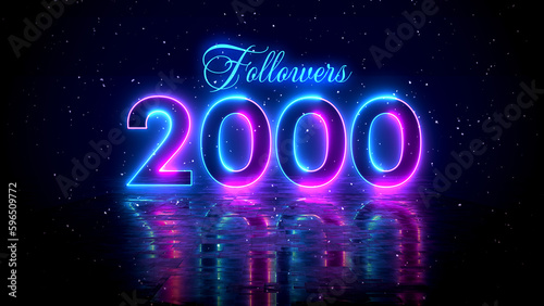 Futuristic Blue Purple Glowing Neon Light 2000 Followers Lettering With Floor Reflection Amid The Falling Snow On Dark Background