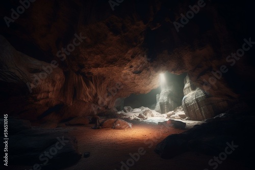 Illustration of a cave with otherworldly lighting. Generative AI
