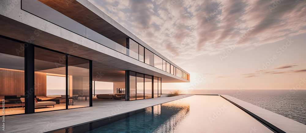 Ultra luxury ocean view beach house with a beautiful golden sunset. Modern architecture concept with a large pool for an amazing vacation (generative AI) Ultra luxury ocean view beach house with a beautiful golden sunset. Modern architecture concept with a large pool for an amazing vacation (generative AI)