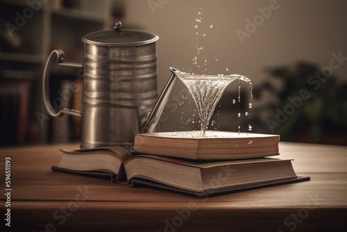 3D rendering of a can watering books. Generative AI