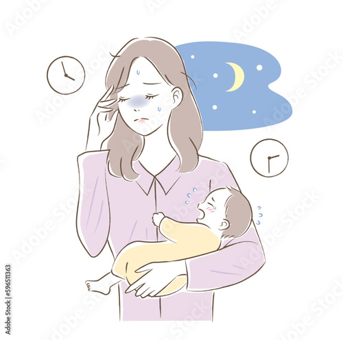 赤ちゃんの夜泣きが辛いママのイラスト