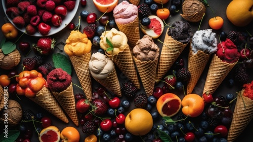Assortment of ice cream шт waffle cone with different fruits. Created with Generative AI technology. © IC Production