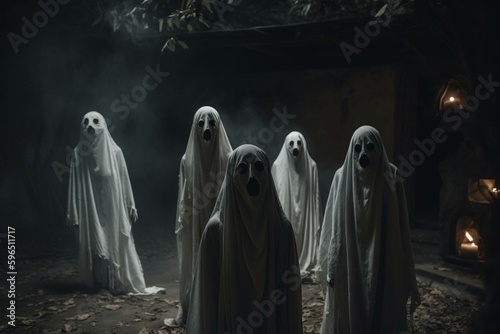 A spooky image of a group of ghosts, perfect for Halloween. Generative AI