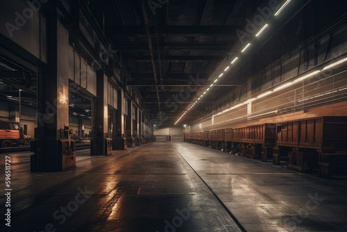 Massive warehouse wall with a line of loading bays. Generative AI