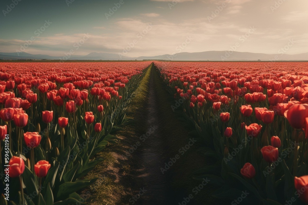 Breathtaking view of endless tulip field. Generative AI