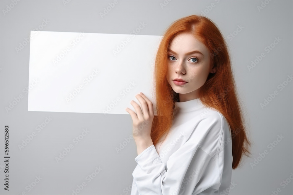  Red head woman holding a blank board