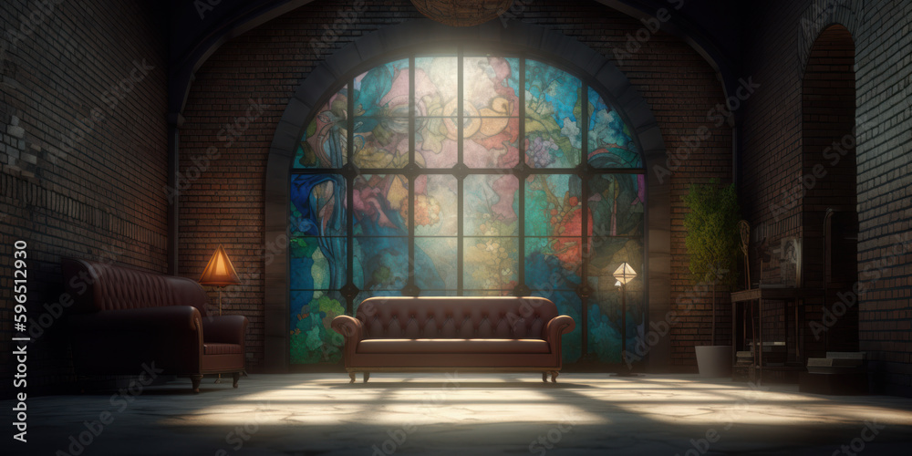 Basement interior with stained glass windows and sofa. Аi generation