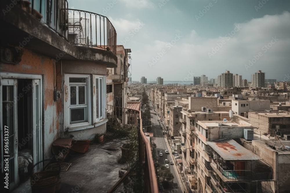 A balcony view overlooking Yafo and Tel Aviv skyline in Israel. Generative AI