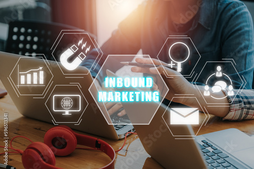 Inbound market concept, Business team working on laptop computer with inbound icon on virtual screen. photo