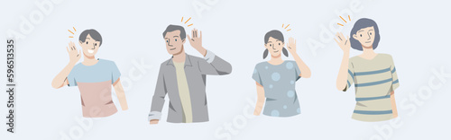 People smiles and holds hand near his ear. The guy listening or hearing and accept all opinion.Comunication concept.Vector illustration.