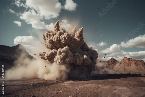 Explosive rock blasting produces dusty clouds at mining site. Generative AI