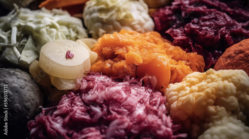 Cultured Cuisine Close-Up, assorted probiotic-rich fermented foods, including sauerkraut, kimchi, and kefir Generative Ai photo