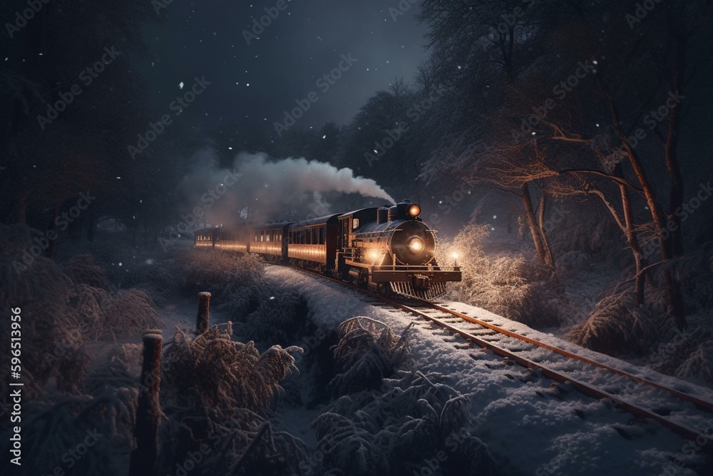 Illustration of a magical train journey through a winter wilderness ...