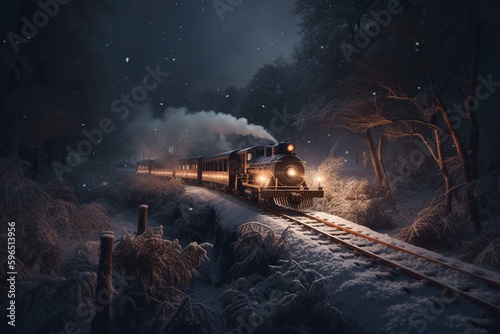 Illustration of a magical train journey through a winter wilderness, with snowy scenery, dining, smoke, spotlights, and a mystical forest at night. Generative AI