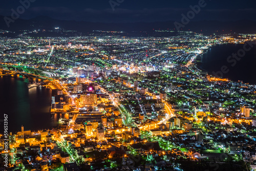 北海道函館市函館山から眺める函館の俯瞰パノラマ夜景