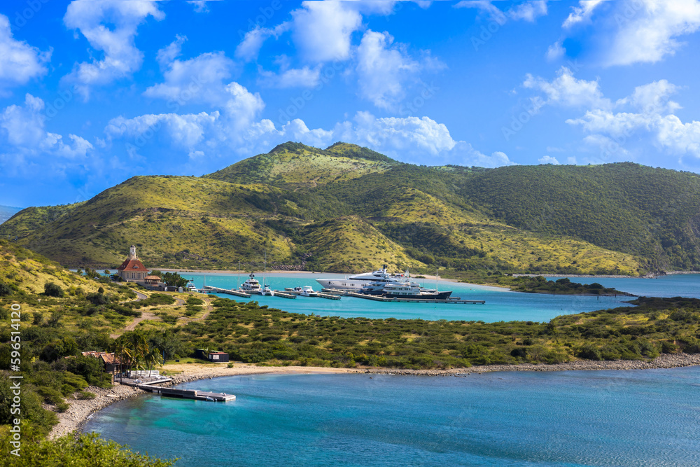 Saint Kitts and Nevis, Basseterre Christophe harbor ocean shore with scenic beaches and yachts.