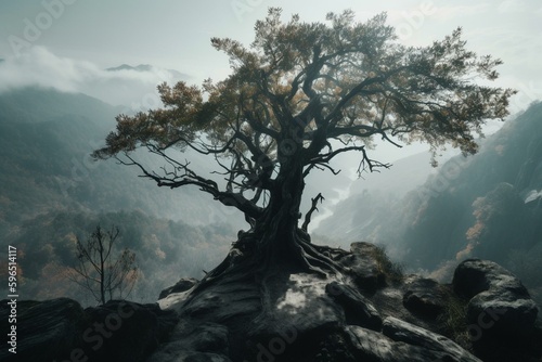 Misty mountain tree. Generative AI