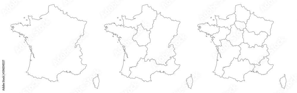 France or French map set with black-white outline 