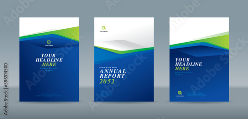 Blue white and green abstract shape on white blue gradation background. A4 size book cover template for annual report, magazine, booklet, proposal, portfolio, brochure, poster