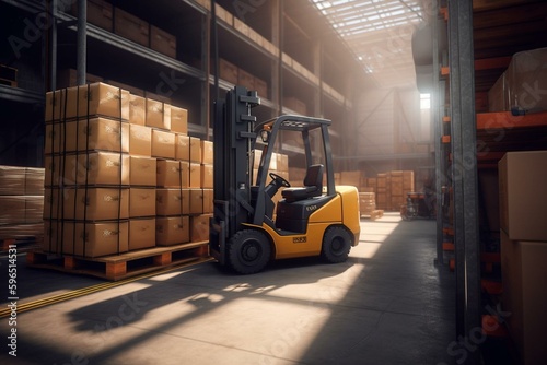 Cargo being transported by forklift in a warehouse with pallet stacker truck equipment. 3D rendering. Generative AI photo