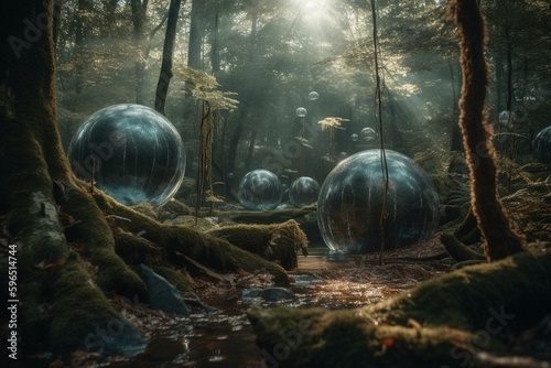 Eerie extraterrestrial orbs float amidst enchanted woodland. Generative AI